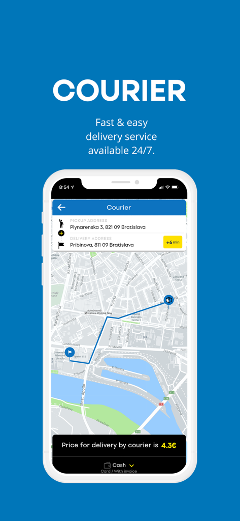 HOPIN - tap for transport - HOPIN app courier service interface showing a delivery route map in Bratislava with a price estimate.