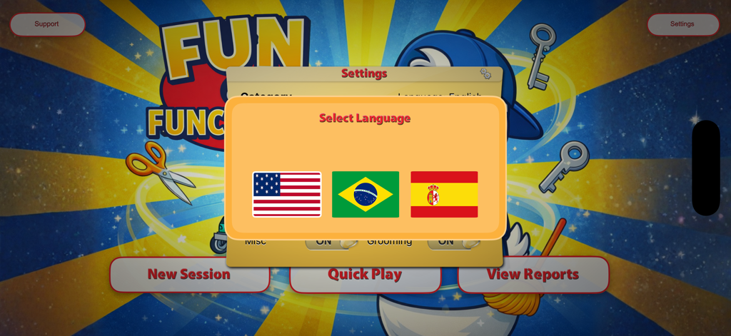 Fun & Functional - Tela Selecionar Idioma no aplicativo Divertido e Funcional mostrando bandeiras para inglês, português e espanhol.