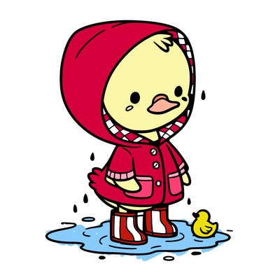 baby duck in a rain coat and boots, in a puddle while it’s raining