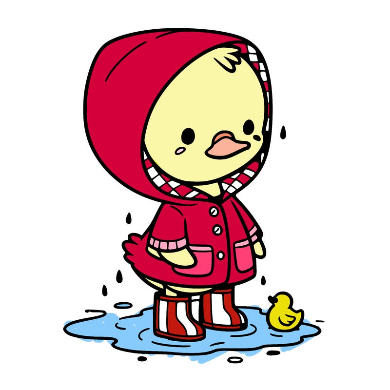 baby duck in a rain coat and boots, in a puddle while it’s raining