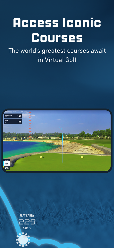 Toptracer Range - Interfaccia dell'app Toptracer Range che mostra la simulazione di golf virtuale su un percorso iconico con tracciamento della palla dal vivo e dati sulla distanza