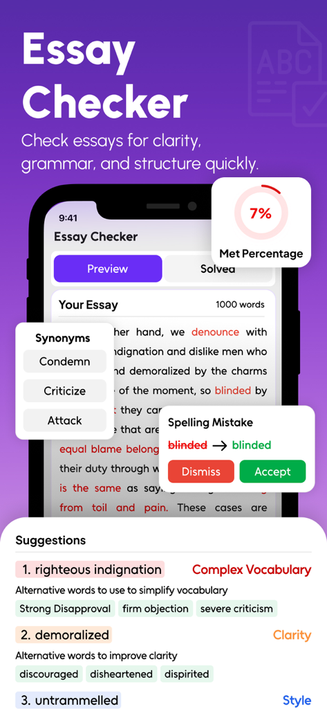 Plagiarism Checker-Humanize AI - Mobile app interface of Essay Checker showing vocabulary suggestions and writing clarity improvements for students and professionals.