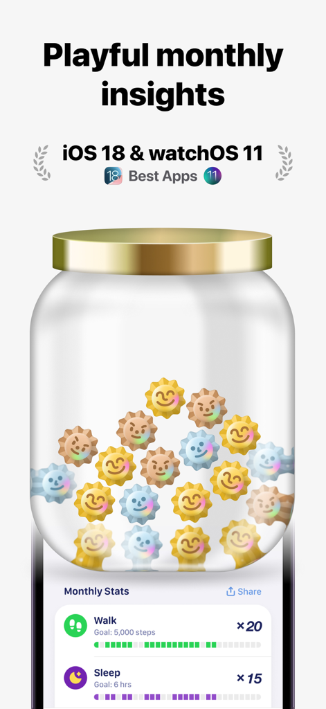 GrowPal app monthly insights showing a glass jar filled with golden sun rewards and health statistics for walking and sleeping.