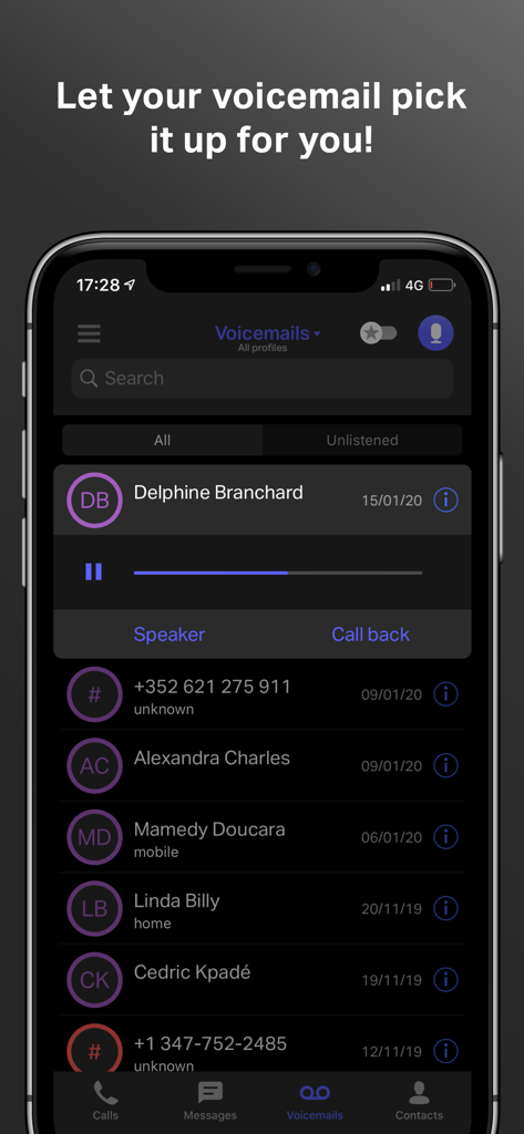 Onoff Business - Visual voicemail interface of the Onoff Business app showing a list of messages and playback controls