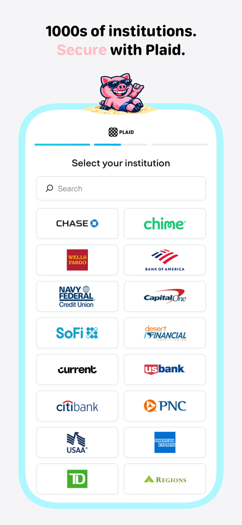 Flow: Simple Budget Tracker - Bank selection screen in Flow app showing secure integration with major US financial institutions via Plaid.