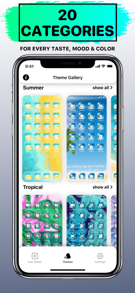 Interfaz de la aplicación X Icon Changer mostrando una galería de categorías de temas estéticos para la personalización de la pantalla de inicio