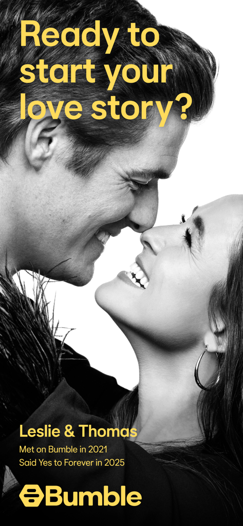 Black and white photo of a happy couple who met on Bumble with text describing their love story and engagement.