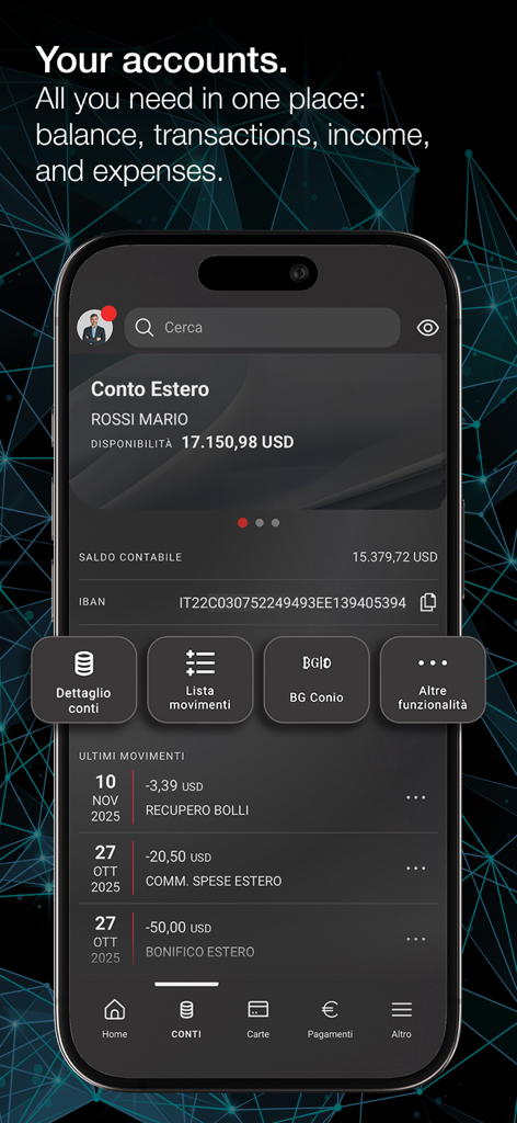 Banca Generali Private mobile app displaying bank account balance and transactions