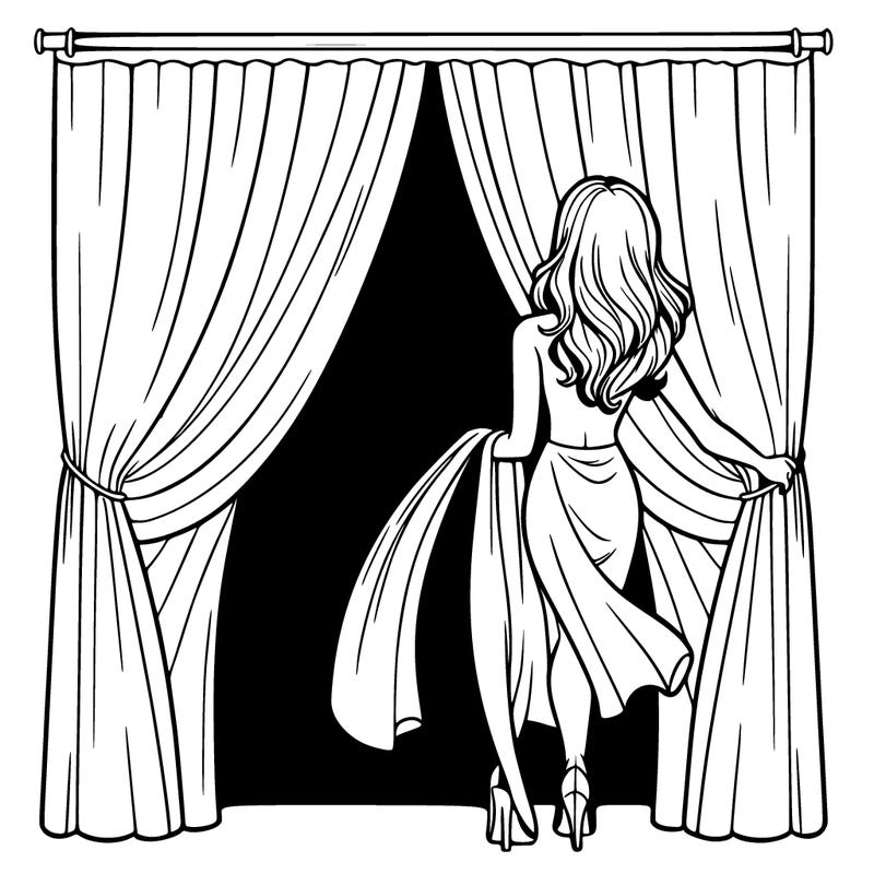 realistic female walking behind a long curtain