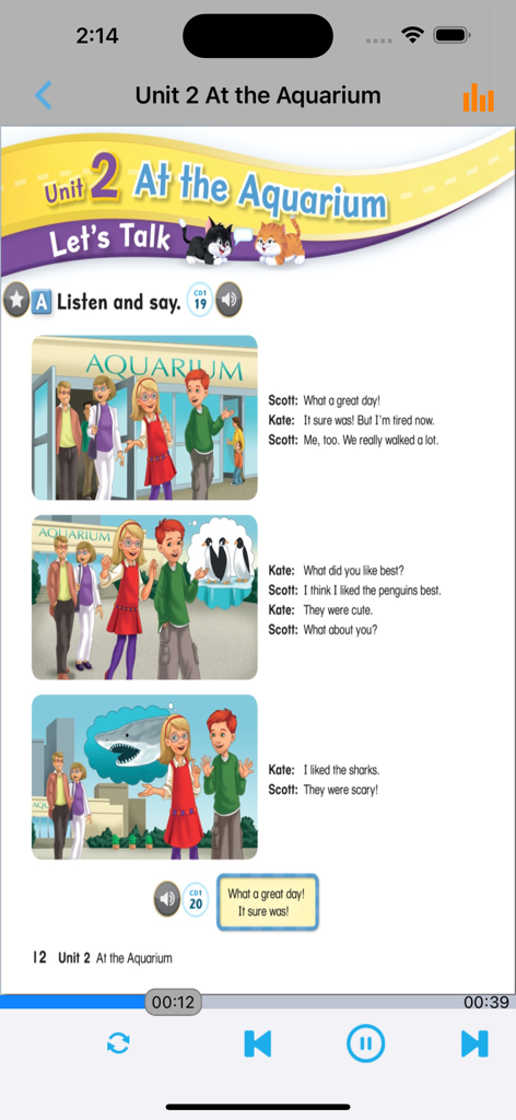 Interface of Let's Go 6 app showing an illustrated English conversation about a trip to the aquarium