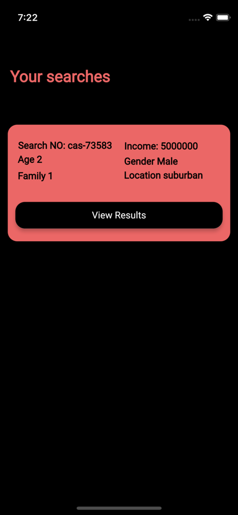 Casandra - Un écran dans l'application Casandra montrant une recherche enregistrée avec les critères de l'utilisateur tels que le revenu et la localisation