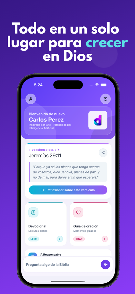 Main dashboard of Diacono IA app featuring daily bible verses and prayer tools