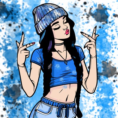 realistic teenage girl with braids and a beanie and crop top doing 🫶🏼