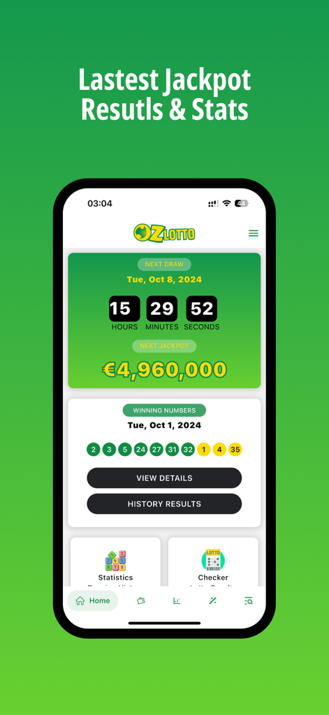 OZ Lotto - OZロト統計アプリのホームページに最新のジャックポットと当選番号が表示されています