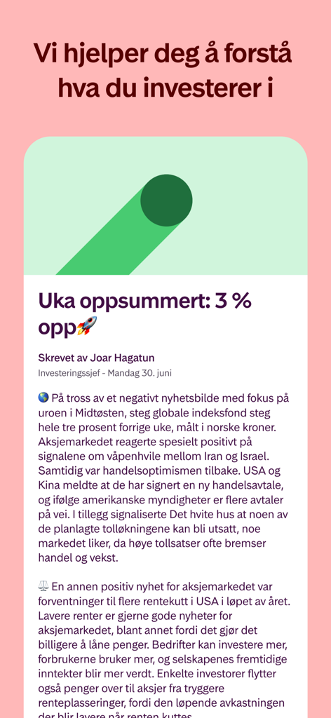 Kron - Investering for alle - Capture d'écran de l'application Kron montrant un résumé hebdomadaire du marché d'investissement et une analyse des nouvelles.