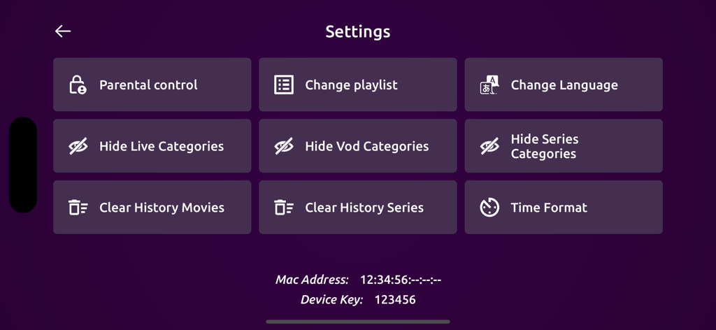 VU PLAYER PRO - Settings screen of the VU PLAYER PRO app featuring options for parental control, playlist management, and content category visibility.