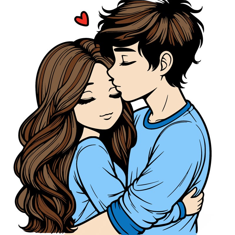 a realistic couple boy and girl hugging and kissing