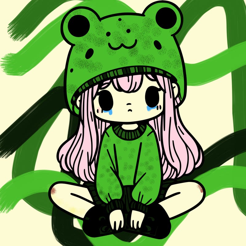 a girl wearing a frog hat and some frog socks