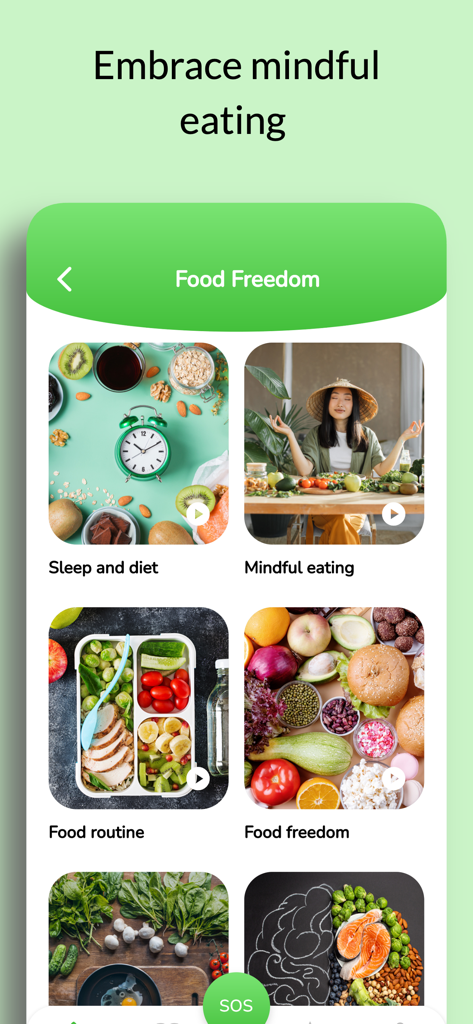 Brocco: Eating disorder & Diet - Interfaz de la aplicación Brocco que muestra temas de alimentación consciente, incluyendo libertad alimentaria y categorías de sueño y dieta