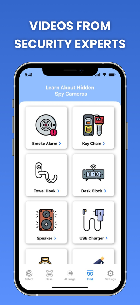 Hidden Camera Detector - Aplicación Hidden Camera Detector mostrando una biblioteca de artículos comunes donde las cámaras pueden estar ocultas, como alarmas de humo y cargadores