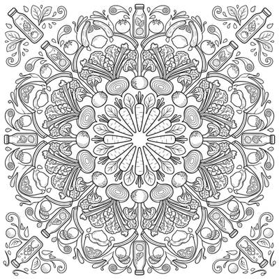 Explore a world of wellness with this unique Vegetable Juice Mandala coloring page, featuring symmetrical patterns of carrots, beets, and refreshing beverages. Perfect for adults and teens seeking a creative and calming artistic escape.