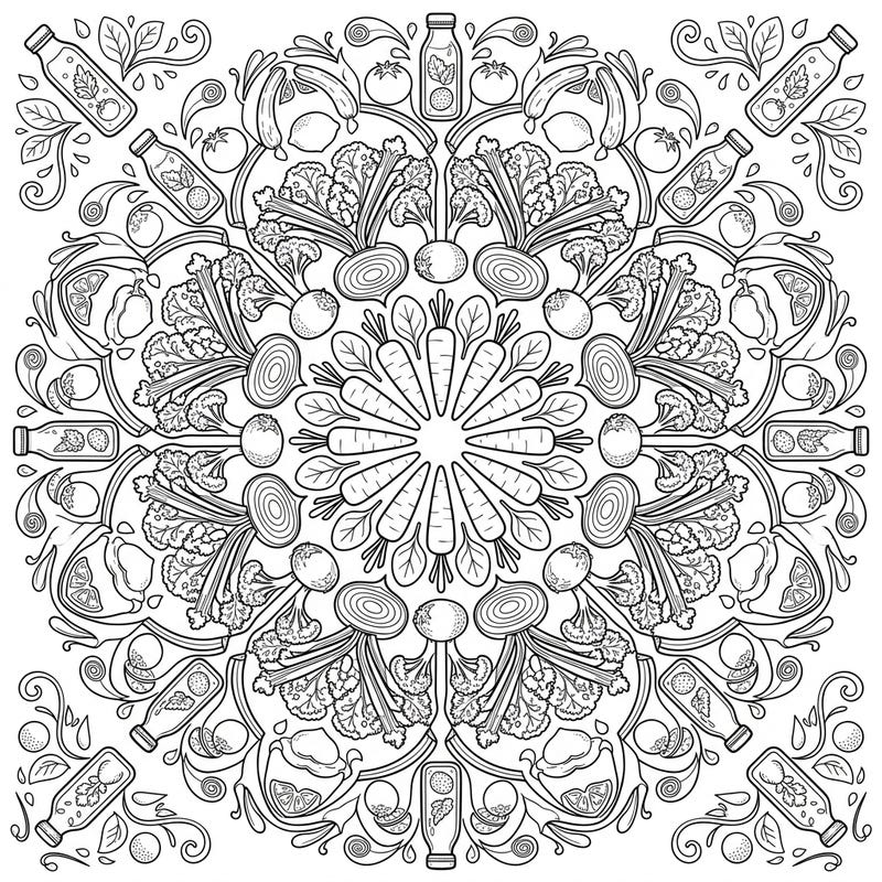 Explore a world of wellness with this unique Vegetable Juice Mandala coloring page, featuring symmetrical patterns of carrots, beets, and refreshing beverages. Perfect for adults and teens seeking a creative and calming artistic escape.