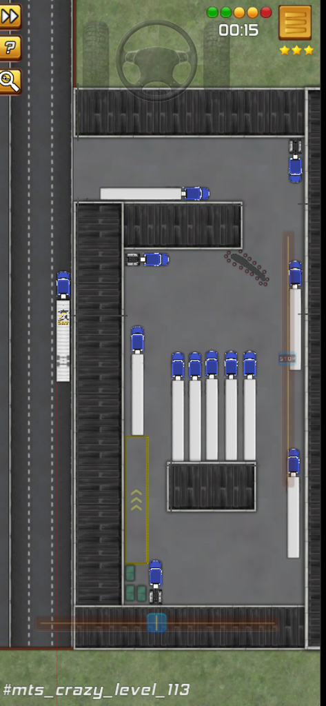 My U.S. Trucking Skills - Top down gameplay view of a semi truck parking challenge on crazy level 113 in My U.S. Trucking Skills