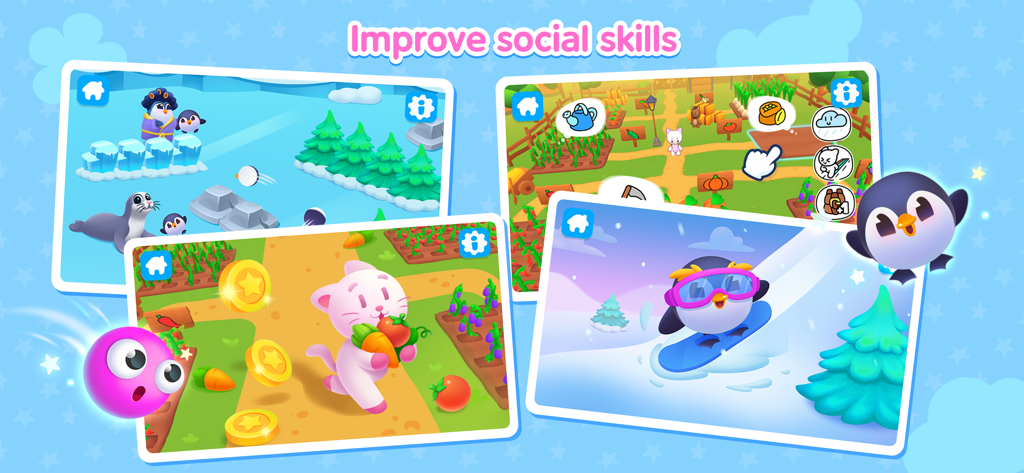 Joyville: Kids Learning Games - Un collage de minijuegos educativos para niños con adorables personajes animales como pingüinos y un gato para ayudar a mejorar las habilidades sociales.