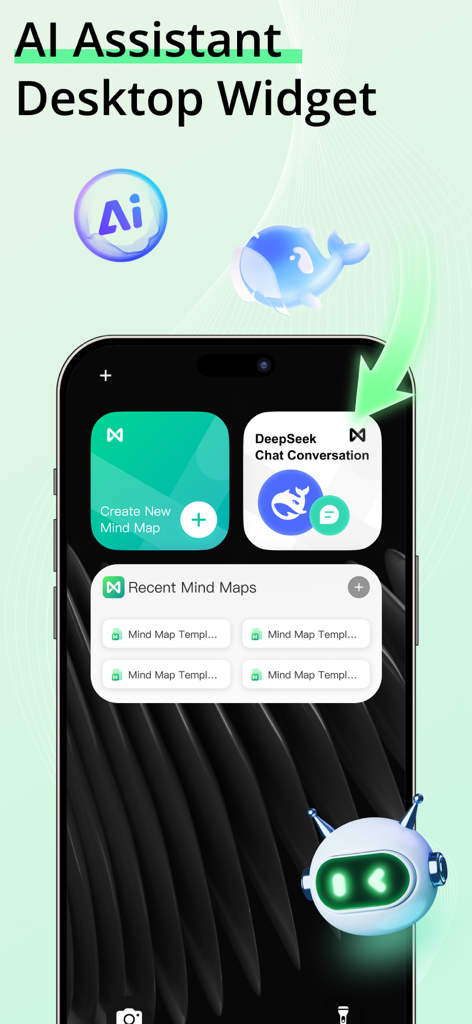 Widgets de assistente de IA e mapa mental do EdrawMind na tela inicial de um iPhone
