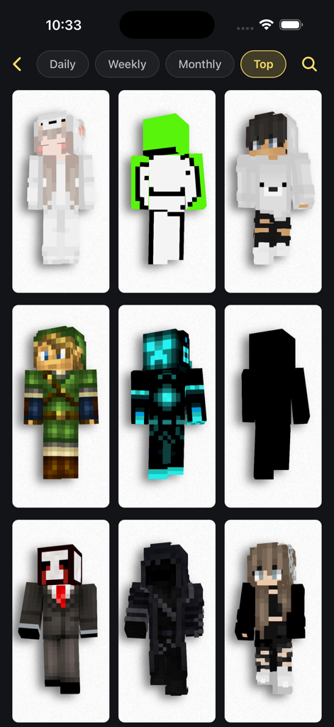 Grid display of popular Minecraft skins including YouTuber and character designs in the Craftkit app interface