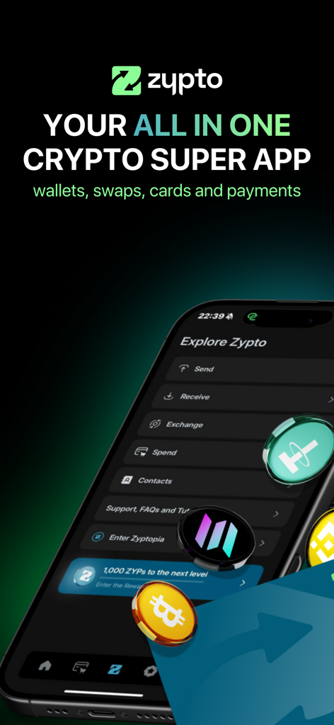 Zypto Crypto & Bitcoin Wallet - Zypto crypto super app interface on an iPhone displaying options for wallets swaps cards and payments
