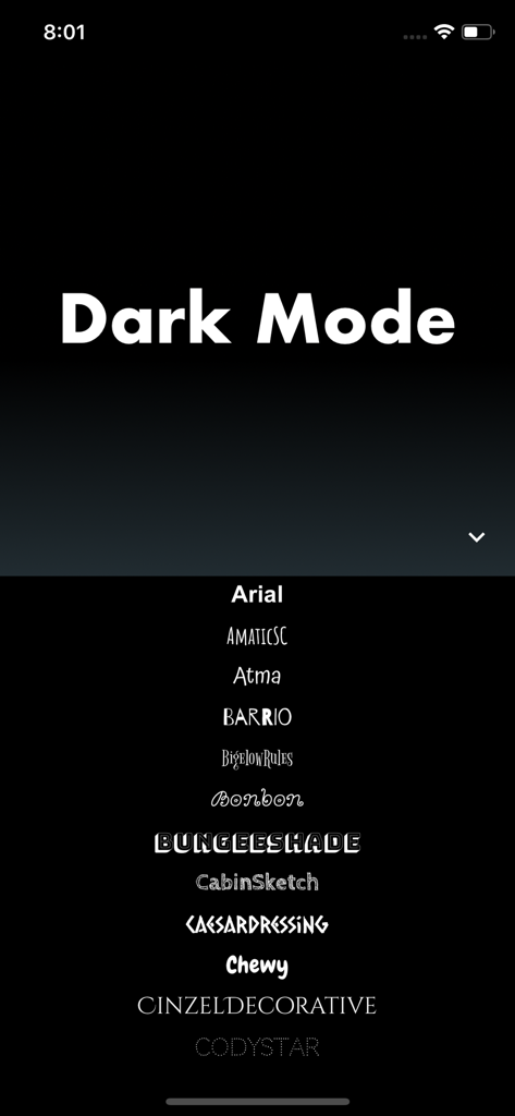 Text Only Made Simple - Captura de tela da interface do aplicativo Text Only Made Simple mostrando o modo escuro e uma lista rolável de vários estilos e fontes de tipografia.