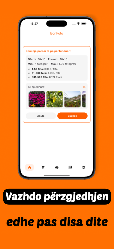 BonFoto - BonFoto app screen displaying an unfinished photo print order and pricing tiers