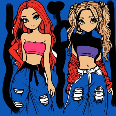 2 girls in crop tops and baggy jeans ripped