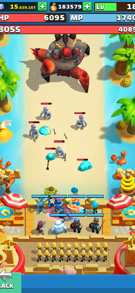 Wild Castle: Tower Defense TD - Una escena de juego de defensa de castillos en Wild Castle mostrando héroes y arqueros defendiendo contra monstruos en una playa tropical
