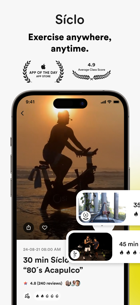 Siclo app interface showing home fitness classes for cycling, yoga, and boxing with a sunset beach backdrop.