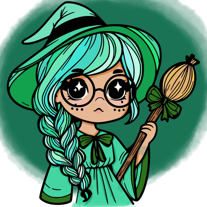 a witch with a braid and two glasses