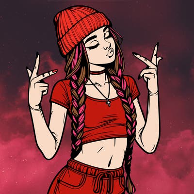 realistic teenage girl with braids and a beanie and crop top doing 🫶🏼