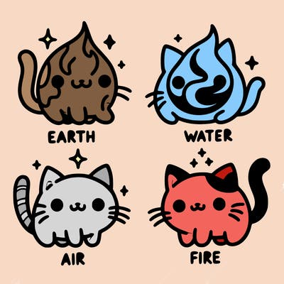 4 cats that represent the different elements, earth, water, air, and fire