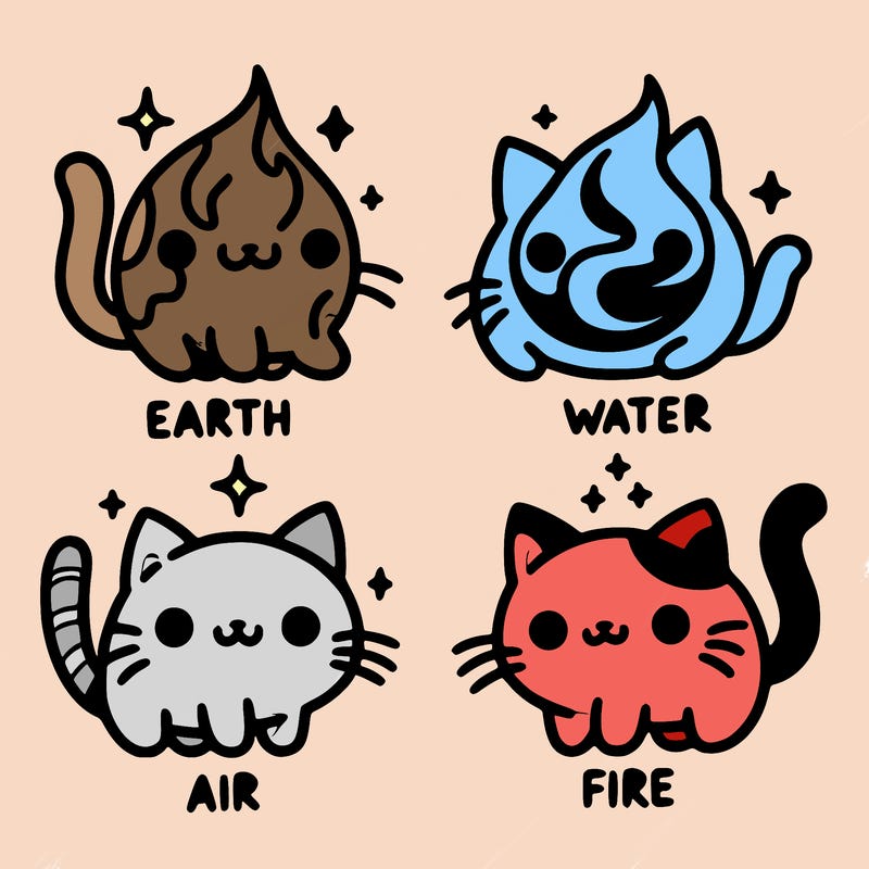 4 cats that represent the different elements, earth, water, air, and fire