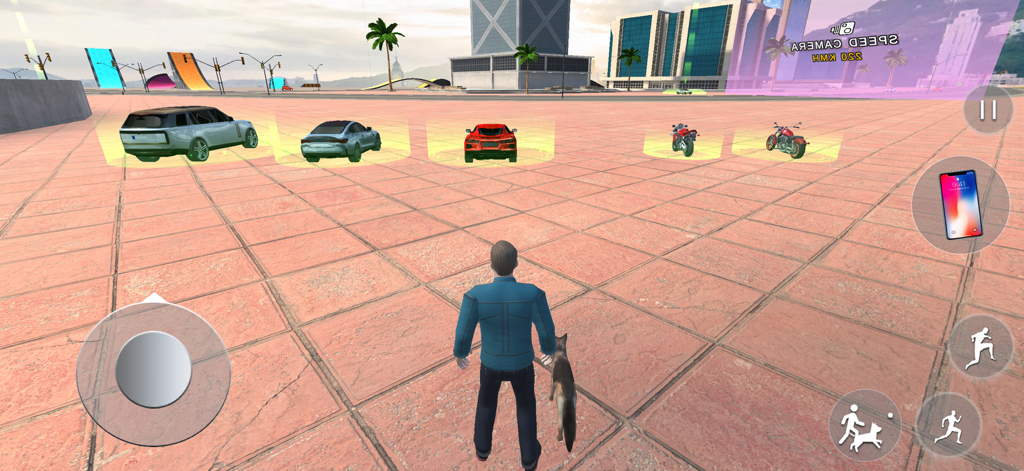 Um personagem jogador em pé com um cachorro em uma área de mundo aberto escolhendo entre vários carros e motocicletas.