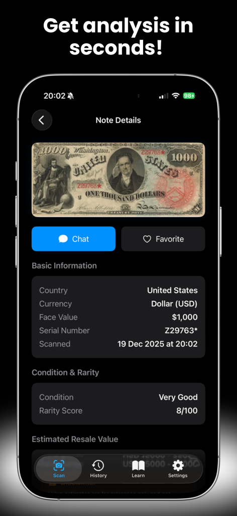Pantalla de detalles de información de identificación y rareza para un billete de 1000 dólares del escáner de billetes