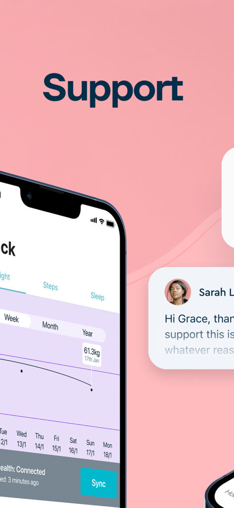 Second Nature - A smartphone showing the Second Nature app weight tracking chart and a message bubble from a health coach