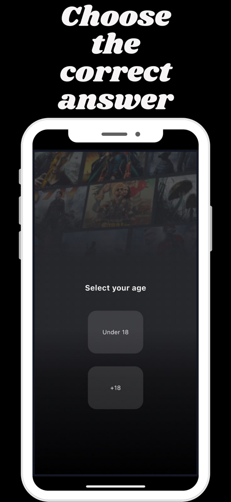 Luna TV - Smartphone showing Luna TV age verification screen with buttons for under 18 and plus 18