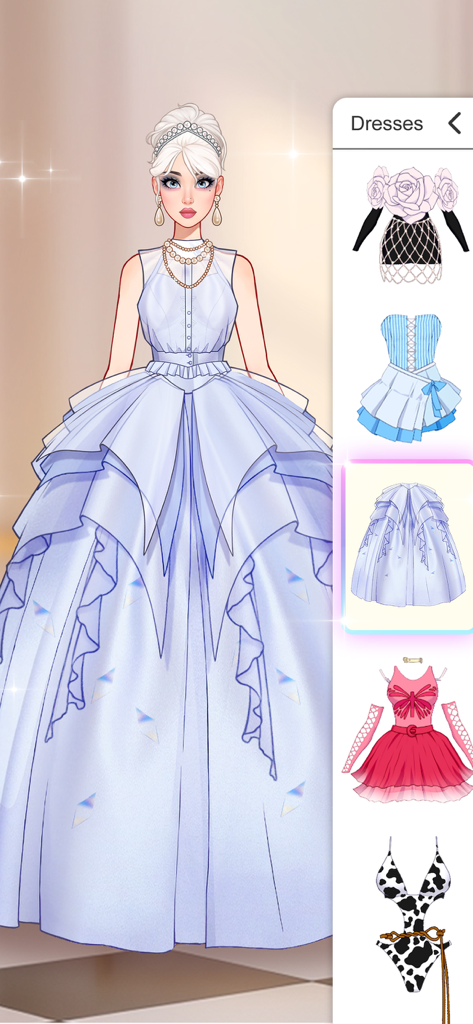 A virtual model wearing an elegant tiered blue ball gown in a fashion dress up game selection menu
