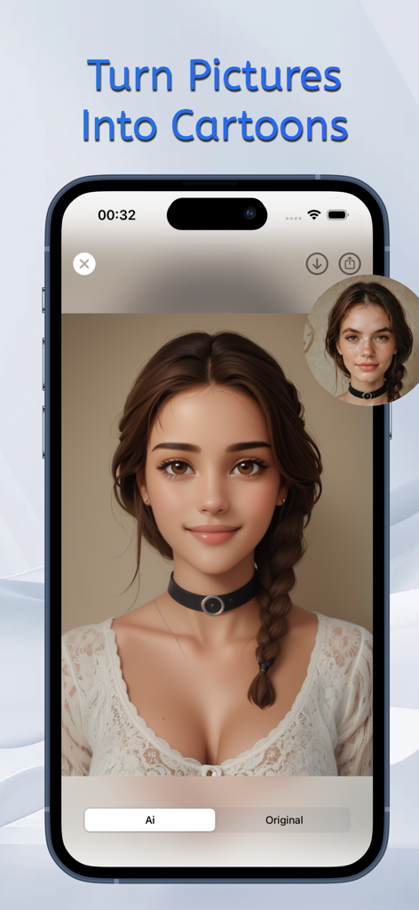 AI Art Generator - SD Anime - Interfaz de la aplicación de generador de arte IA que muestra una foto real transformada en un retrato estilo caricatura