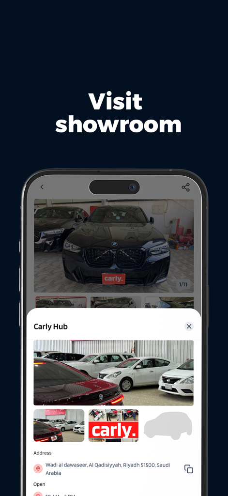 Carly app interface displaying showroom address and a gallery of available used cars
