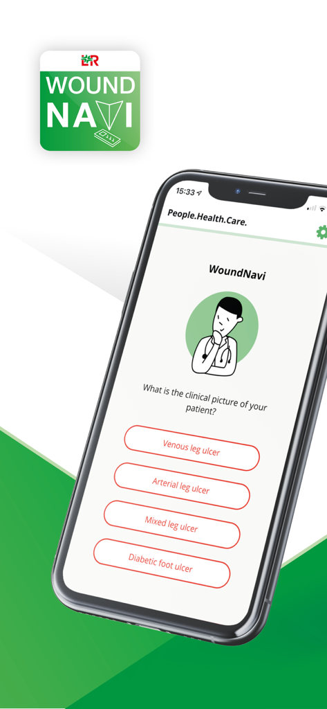 WoundNavi - 静脈性潰瘍や糖尿病性足潰瘍などの臨床的創傷タイプを選択するオプションが表示されるWoundNaviアプリのインターフェイス。
