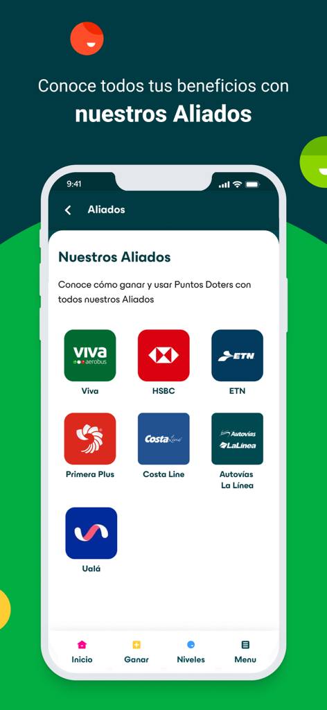 Doters App - Pantalla de la aplicación Doters que muestra socios de lealtad de viajes y venta minorista