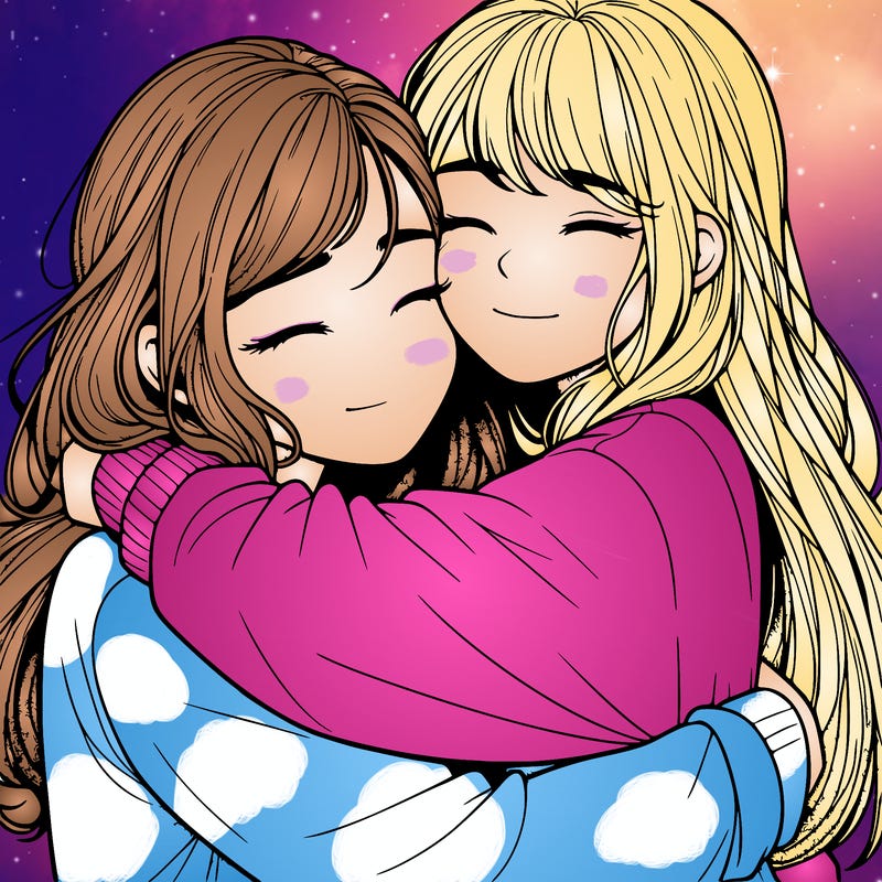 realistic two girls hugging